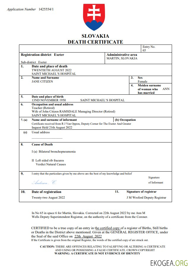 Modèle Word et PDF de certificat de décès en Slovaquie